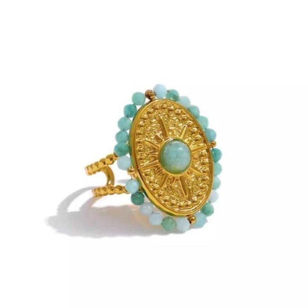 Vintage Vibe Gold Plated Green Bead Charm Ring